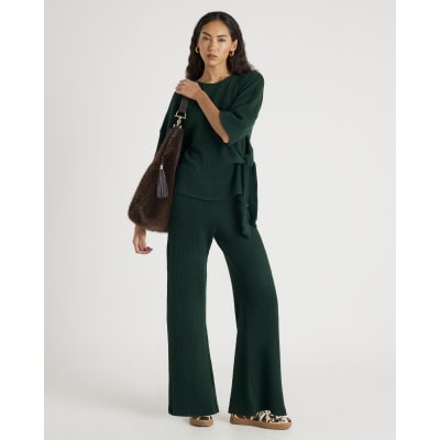 Khaki Ribbed wide leg Trousers