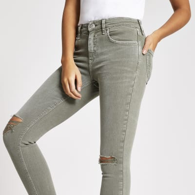 khaki ripped skinny jeans