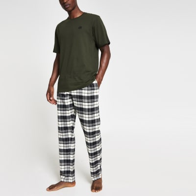 Khaki 'RR' check pyjama set River Island