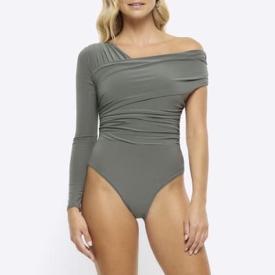 Amora - Khaki Slinky Deep Plunge Sleeveless Bodysuit