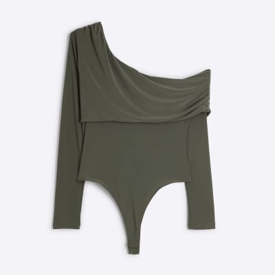 Khaki ruched off shoulder bodysuit | River Island Khaki ruched off shoulder bodysuit | River Island