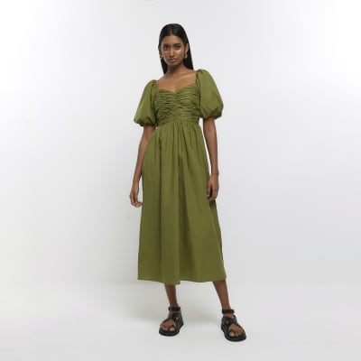 Khaki ruched puff sleeve smock midi dress | River Island