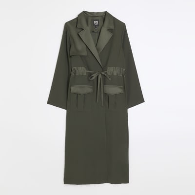 Khaki satin belted longline duster coat