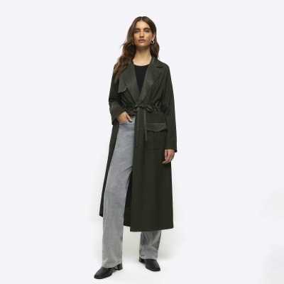 Khaki satin belted longline duster coat | River Island