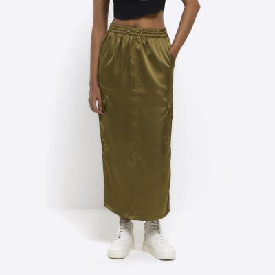 Khaki satin cargo midi skirt | River Island