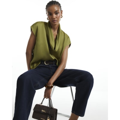 Khaki Satin Cowl Neck Tank Top