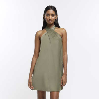 Khaki satin halter neck mini dress | River Island