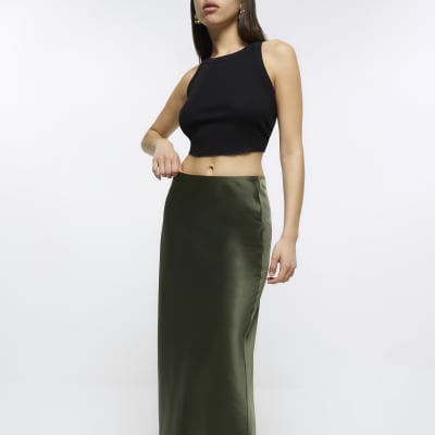 Khaki satin maxi skirt | River Island