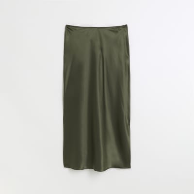 Khaki satin maxi skirt River Island
