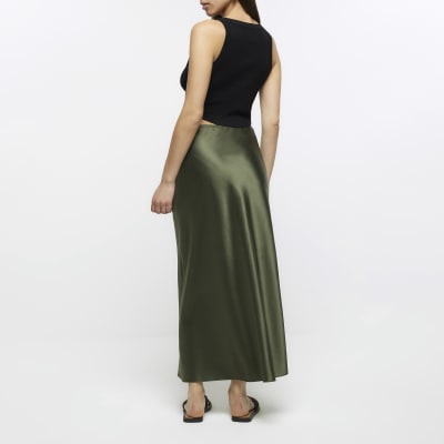 Khaki satin maxi skirt River Island