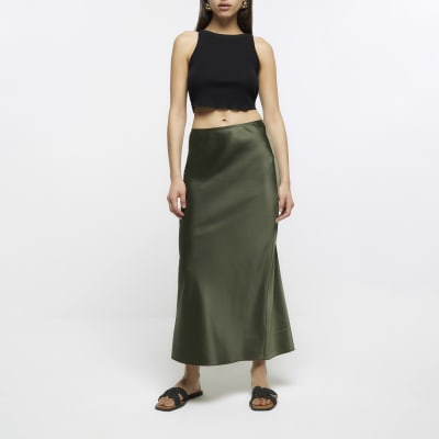 Khaki satin maxi skirt | River Island