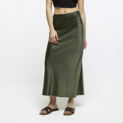 Khaki satin maxi skirt River Island