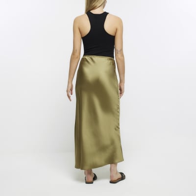 Khaki Satin Maxi Skirt