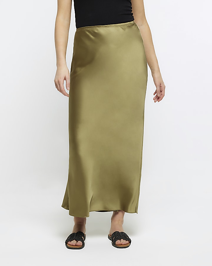 Khaki Satin Maxi Skirt
