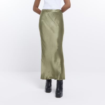 Khaki satin maxi skirt | River Island