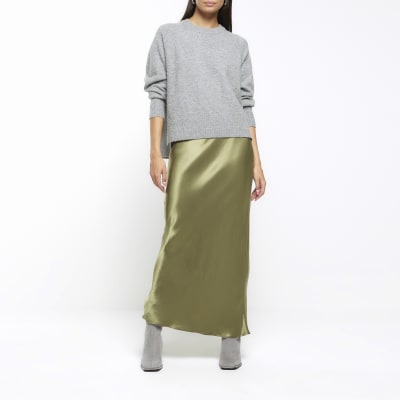 Khaki satin maxi skirt