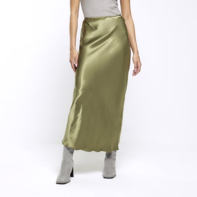 Khaki satin maxi skirt | River Island