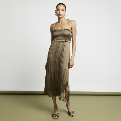River island print midi dress khaki hotsell