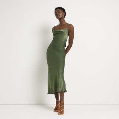 Khaki satin slip midi dress | River Island