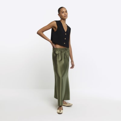 Khaki Satin Tie Waist Maxi Skirt