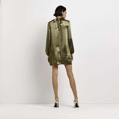 Khaki satin twist neck swing mini dress