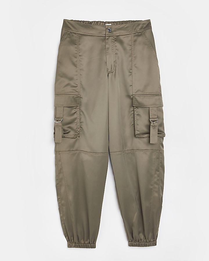 Khaki satin utility cargo trousers
