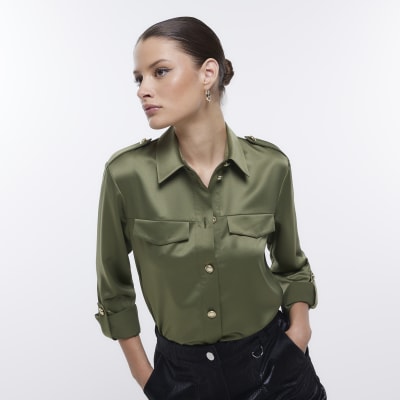Khaki satin utility shirt River Island