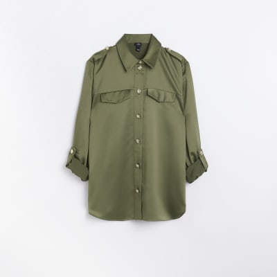 Khaki satin utility shirt River Island