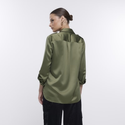 Khaki satin utility shirt River Island