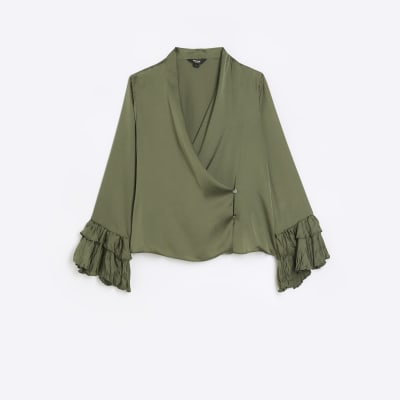 Khaki satin wrap blouse
