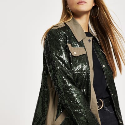 Khaki sequin embellished army jacket River Island