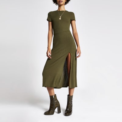 river island print midi dress khaki