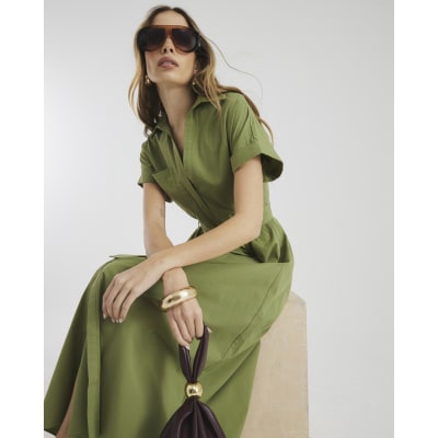 Khaki Short Sleeve Midi Shirt Dress