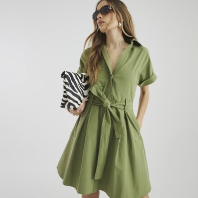 Khaki Short Sleeve Mini Shirt Dress