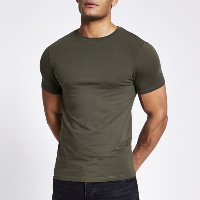 Khaki short sleeve muscle fit T-shirt 