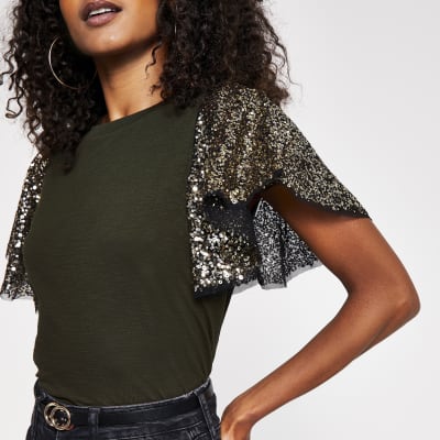 khaki sequin top