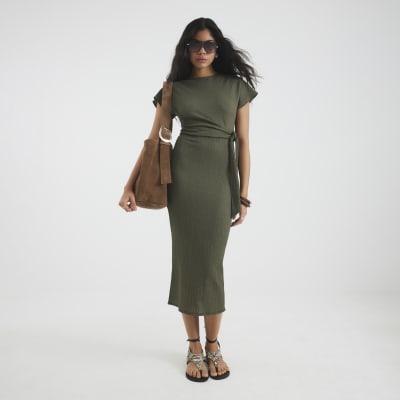 Khaki Short Sleeve Textured Midi Dress