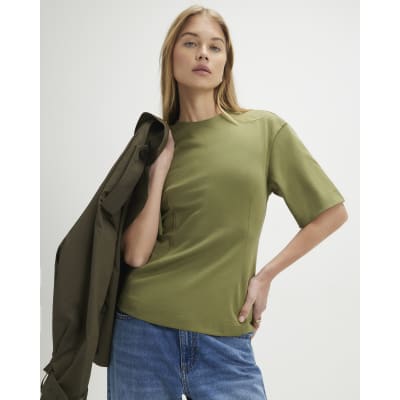 Khaki Short Sleeve Tie Back Seamed Top