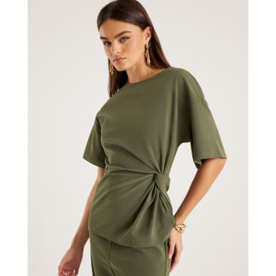 Khaki Short Sleeve Twist Detail Top