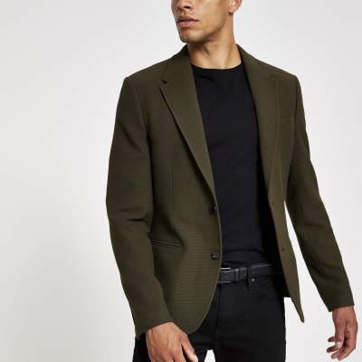Khaki skinny fit textured blazer River Island