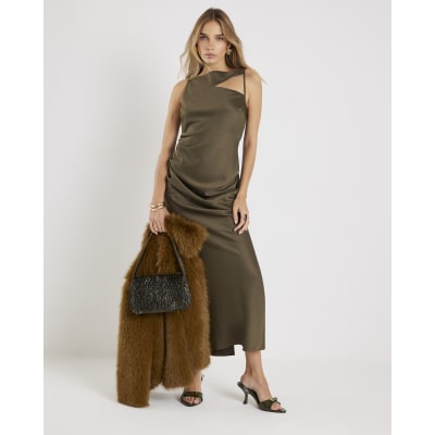 Khaki Slash Neck Maxi Dress