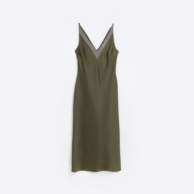 Khaki sleeveless slip dress River Island