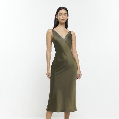 Khaki green slip sales dress