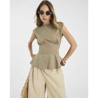 Khaki Sleeveless Tie Back Corset T-shirt