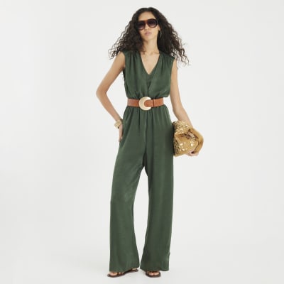 Khaki Sleeveless Wide Leg Jumpsuit