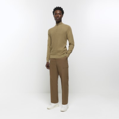 Khaki slim diagonal stitch half zip jumper | River Island