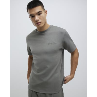Khaki Slim Fit Embroidered Crew Neck T-Shirt