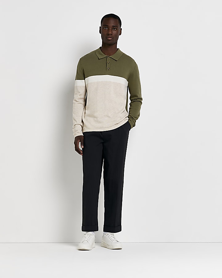 Khaki Slim fit Knit colour block polo shirt