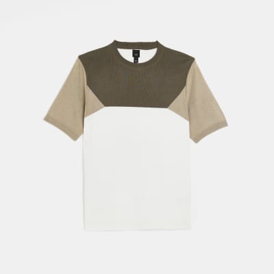 Khaki Slim fit knitted colour block t-shirt