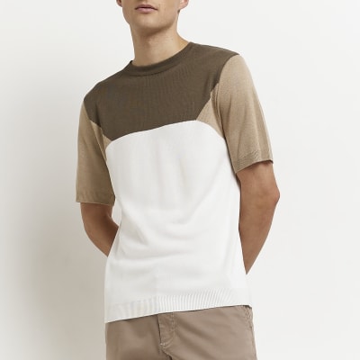 Khaki Slim fit knitted colour block t-shirt